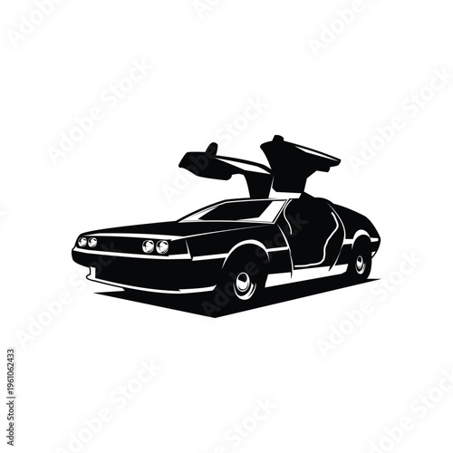 1981 Delorean vintage car. Old premium vector design with open doors. Isolated on white background with side view. Recommended for logo, badge, emblem, icon, sticker design.