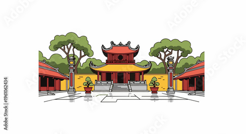 Ornate pagoda with surrounding structures and lush trees in a symmetrical design