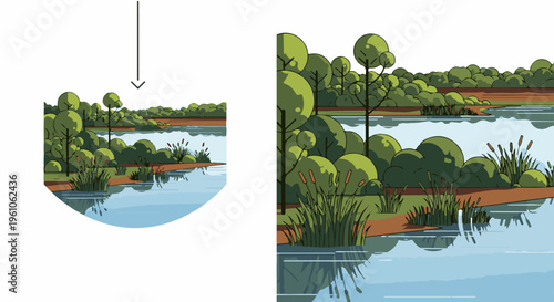 Lush lakeside scene with trees, reeds, and tranquil water reflections