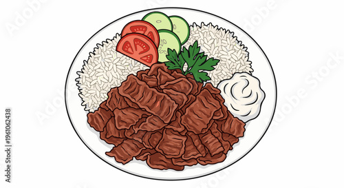 Plated meal with rice, sliced meat, tomato, cucumber, and sauce