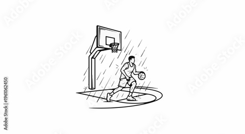 Player dribbles basketball in rain near hoop
