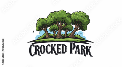 Lush green trees stand on a rolling hill under a blue sky with birds