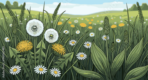 Lush green field with dandelions, daisies, and tall grass under a blue sky