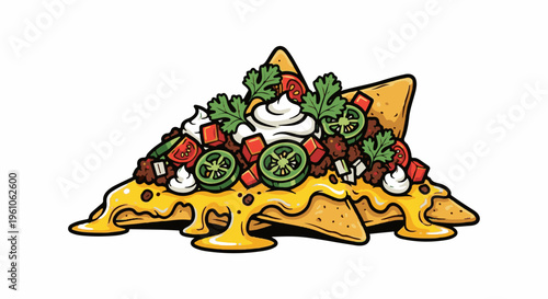 Loaded nachos piled high with cheese, meat, tomatoes, jalapeños, and cilantro