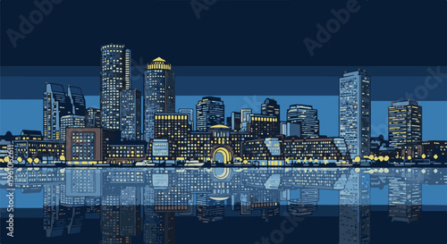 Pixelated cityscape at night with buildings reflected in dark water