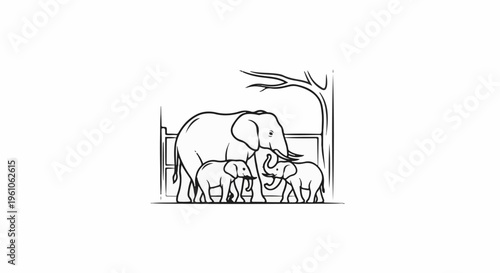 Line drawing of elephants family in an enclosure with a tree