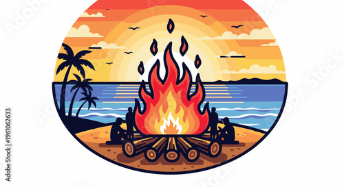 People gathered around a bonfire on a beach at sunset