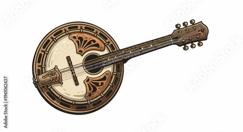 Ornate banjo with detailed headstock and resonator, white background