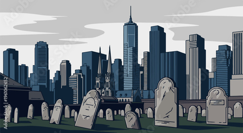 Pixelated cityscape with gravestones in foreground under cloudy sky