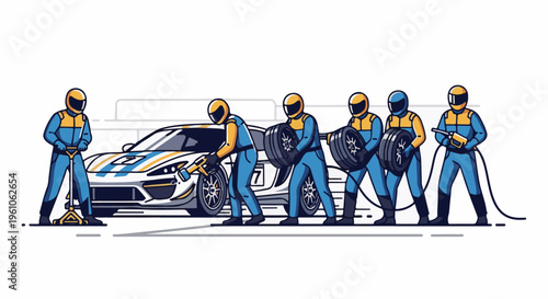 Pit crew rapidly changes tires and refuels a race car