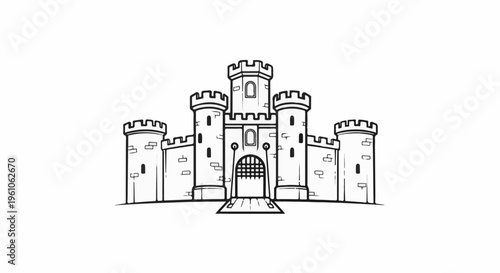 Ornate black and white outline of a medieval castle with crenellated towers and a drawbridge