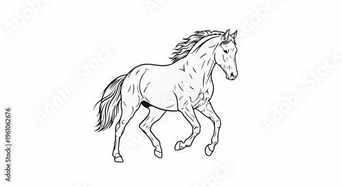 Line drawing of a majestic horse in full stride, mane and tail flowing
