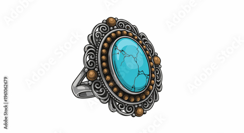 Ornate silver ring with a large, cracked turquoise gemstone