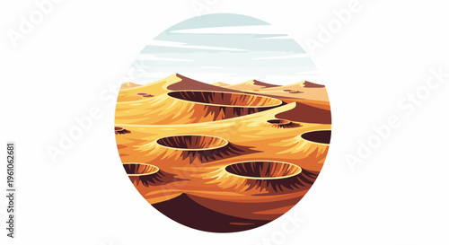 Pixel art, alien landscape with craters and dunes under a hazy sky