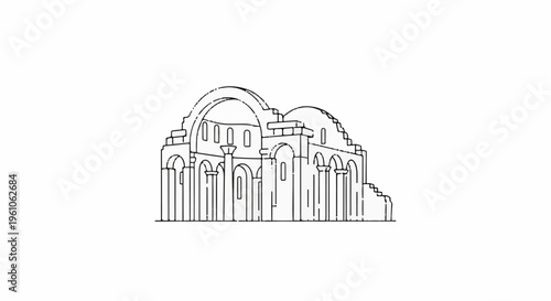 Line drawing of a classical domed building, partially ruined
