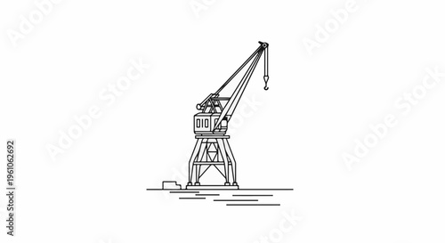 Line drawing of a large harbor crane with a hook hanging down