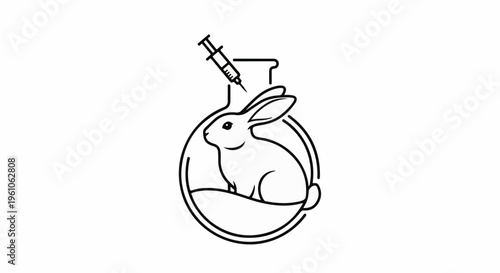 Line art of a rabbit inside a round flask with a syringe above