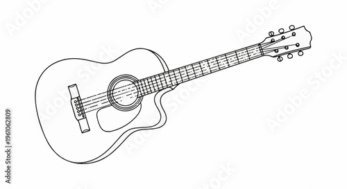 Line art of a six-string acoustic guitar with a cutaway body, shown from above