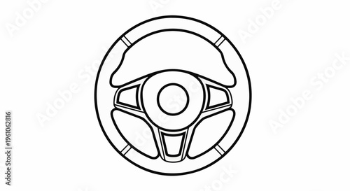 Line art of a modern car's steering wheel with central controls