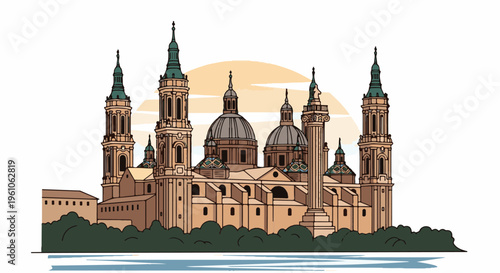 Ornate towers and domes of a grand historical cathedral rise above lush foliage