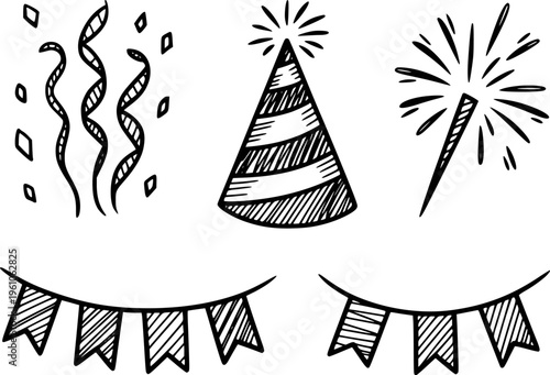 Hand drawn black and white party celebration including confetti hat and sparkler