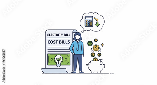 Person contemplates savings with bill, calculator, and piggy bank, coins falling