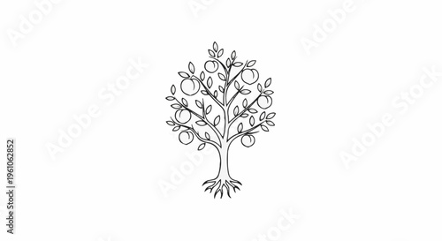 Line art of a fruit tree with a central trunk and scattered round fruits