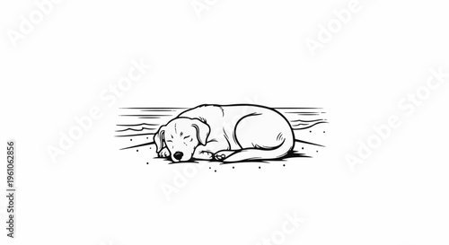 Line art of a dog sleeping peacefully on the sandy shore