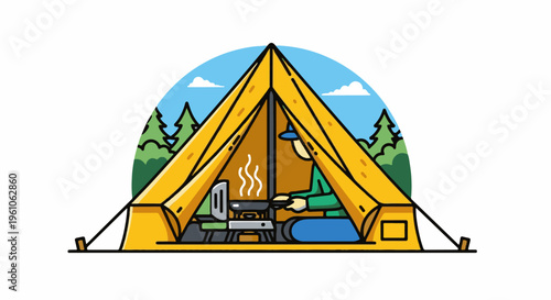 Person cooks food inside a yellow tent in a forest