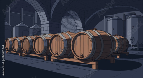 Pixel art brewery interior with wooden barrels and metal vats under arches