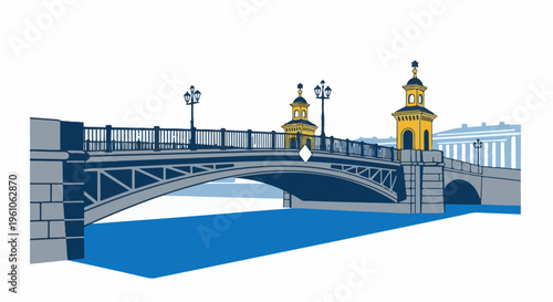 Ornate bridge with yellow towers spans a blue river under white sky