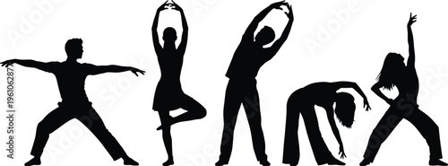 Set of black silhouettes of people practicing yoga ballet and stretching in various expressive poses for fitness wellness and dance