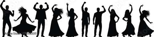 Large set of black silhouettes of people dancing celebrating and having fun at party for music event nightlife and entertainment