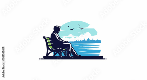 Man sits on bench by water, looking at city skyline and birds