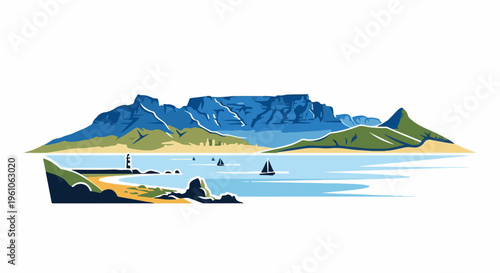 Majestic mountain overlooks calm ocean with sailboats and a lighthouse