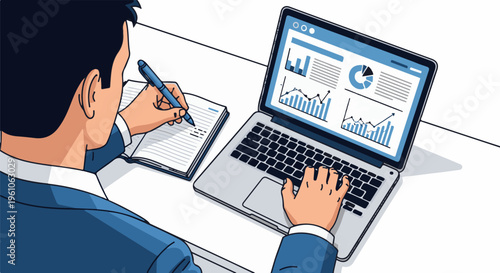 Person in a suit working on a laptop with financial charts and writing in a notebook