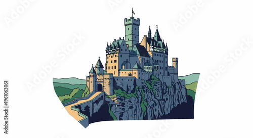 Majestic fortress perched high on rocky cliffs, overlooking a verdant landscape