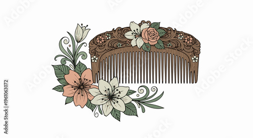 Ornate wooden comb adorned with delicate pastel flowers and leaves