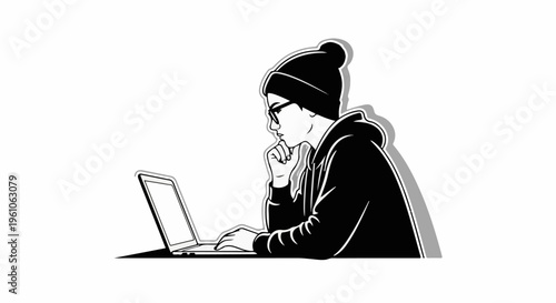 Person in beanie and glasses concentrating on laptop, stylized illustration