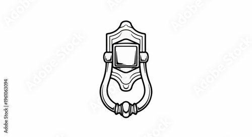 Ornate vintage door knocker, black line art on white