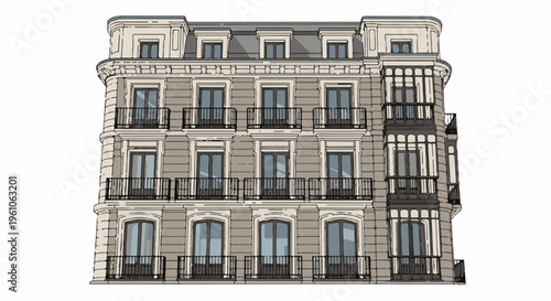 Ornate classical building facade with multiple balconies and windows