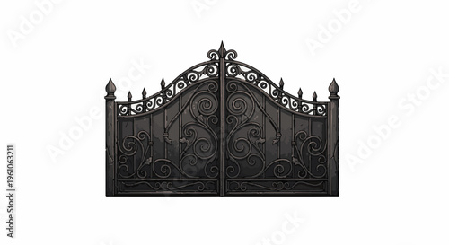 Ornate wrought iron gates with decorative scrollwork and finials on a white background