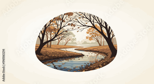 Pixel art scene of a winding stream through autumn woods with bare trees