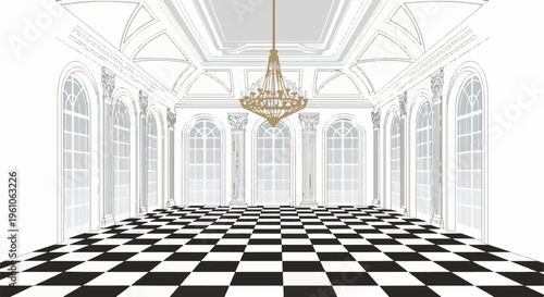 Ornate classical ballroom interior with a checkered floor and grand chandelier