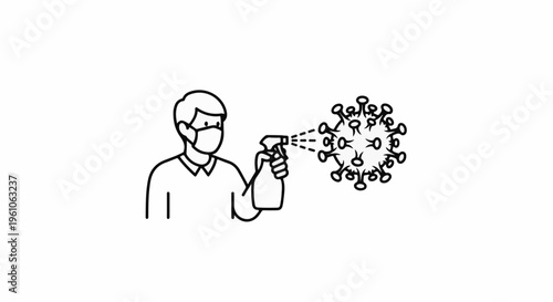 Person in mask sprays disinfectant at virus
