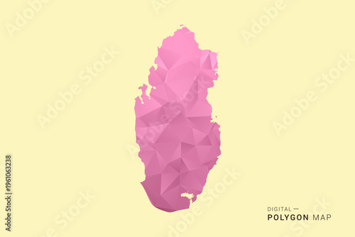 Qatar Map - Low poly polygon map design in soft pink pastel gradient on beige background, modern minimal geometric style, clean digital vector illustration.