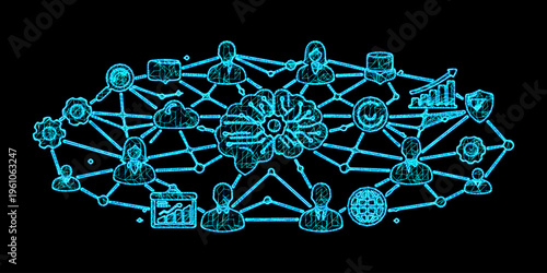 Artificial intelligence business ecosystem with human wireframe team and integrated digital data mesh background