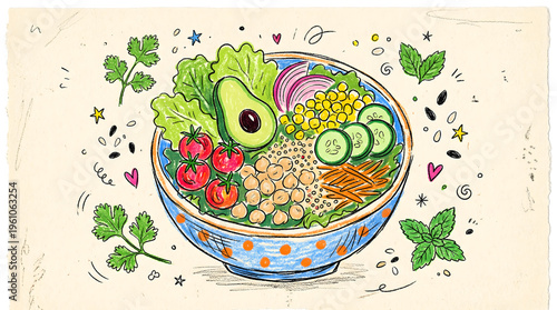 Colorful Vegan Bowl Illustration - Healthy Food Sketch