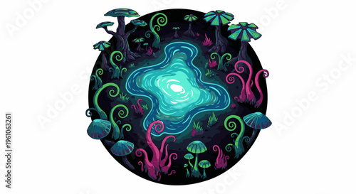 Pixel art fantasy scene with glowing pond, alien mushrooms and swirling plants