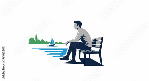 Man sits on park bench by water, watching a sailboat
